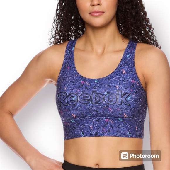 Reebok Woman’s Renew Long lined printed Sport Bra Removable Cups Blue Large - Picture 1 of 7